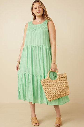 HY7220W Green Plus Textured Stripe Tiered Tank Dress Front
